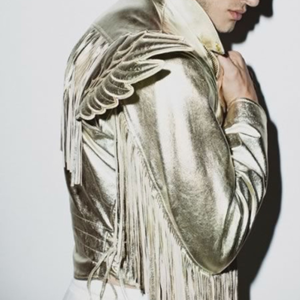 Jeremy Scott Gold Wing Leather Fringe Jacket S